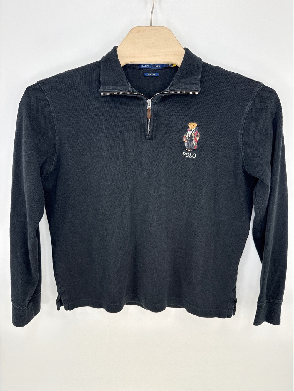 Polo Ralph Lauren Estate Rib Black Quarter Zip Pullover with Bear Embroidery